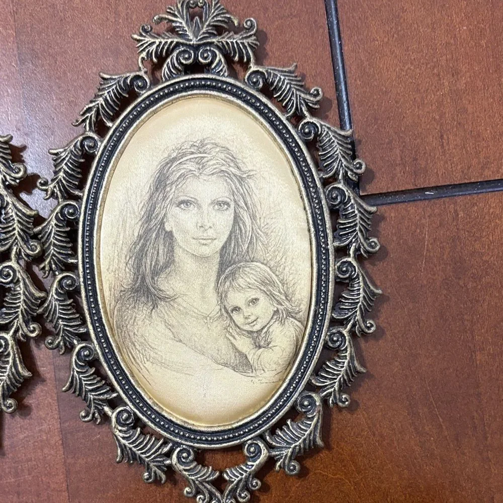 Satin Framed Picture Mother Child Giuseppe Tarantino Brass Oval SET Italy